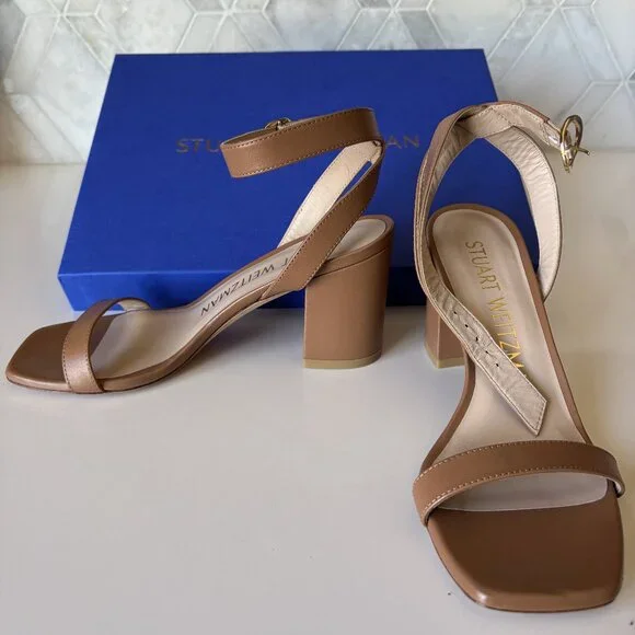 Stuart Weitzman S 5.5B Heeled Sandal with Strap Buckle Tan Brown Nearly Bare New - Picture 1 of 9